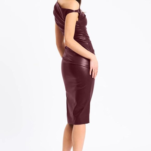 Women's Faux Leather One Shoulder Bodycon Midi Dress Party Club - Picture 3 of 6
